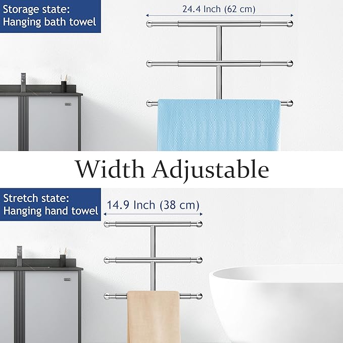 Kayfia 40" Standing Towel Rack with Weighted Marble Base, Width Adjustable & Taller Bathroom Towel Rack Stand, 3-Tier Towel Racks for Bathroom, Multiple Spaces Stainless Steel Brushed Finish