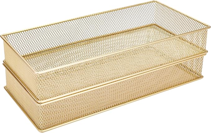 Annova Mesh Stackable Drawer Cabinet and Shelf Organizer Bins Storage Basket School Office Supply Holder Tray- Set of 2 (Gold, 6x12x2 Inch)-NeatNest