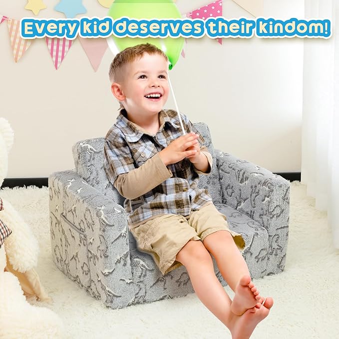 ALIMORDEN 2-in-1 Flip Out Cuddly Sherpa Toddler Couch, Convertible Sofa to Lounger, Glow in The Dark,Dinosaurs-NeatNest