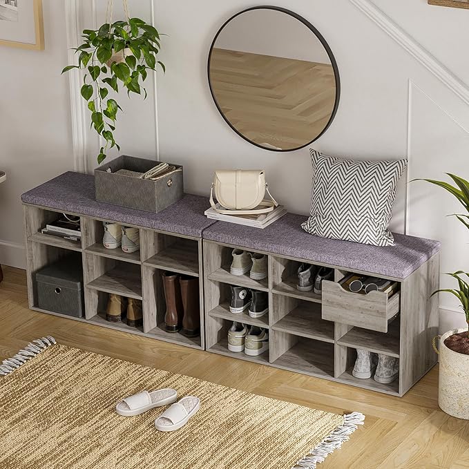 DINZI LVJ Shoe Bench, 9 Cubbies Shoe Organizer for Entryway, Storage Bench with Cushion, Cubby Shoe Rack with Adjustable Shelves for Living Room, Bedroom, Mudroom, Hallway, Gray Wash-NeatNest