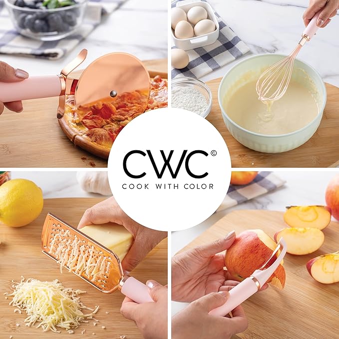 COOK WITH COLOR Kitchen Gadget Set Copper Plated Stainless Steel Utensils with Soft Touch Handles, Copper Pink, 7 Pieces-NeatNest