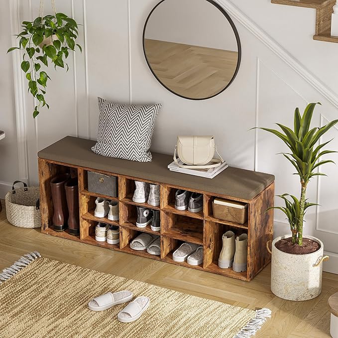 DINZI LVJ Shoe Storage Bench with Cushion, 13-Cubby Shoe Rack, Adjustable Shelves, Multifunctional Shoe Organizer Bench for Entryway, Mudroom, Hallway, Living Room, Bedroom and Garage, Rustic Brown-NeatNest
