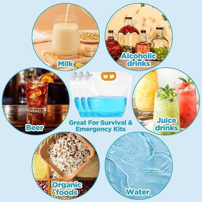 16 Pcs Collapsible Water Emergency Container Bag, 1.3 Gallon Storage Bags, Freezable, BPA Free Food Grade Clear Plastic Water Carrier Tank, Foldable Storage Bottle for Camping Riding