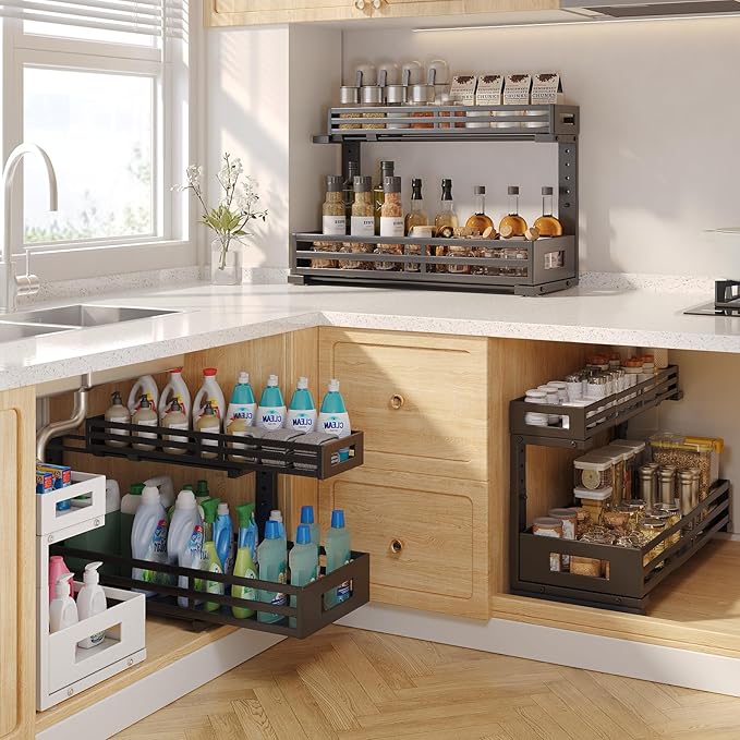 2-Pack 20.47"Deep Under Sink Organizer And Storage,2-Tier L-Shaped Pull Out Cabinet Organizer with Upgraded Slide Rails,Height Adjustable Drawers for Kitchen&Bathroom,Extra-Large Storage Shelves–Black-NeatNest