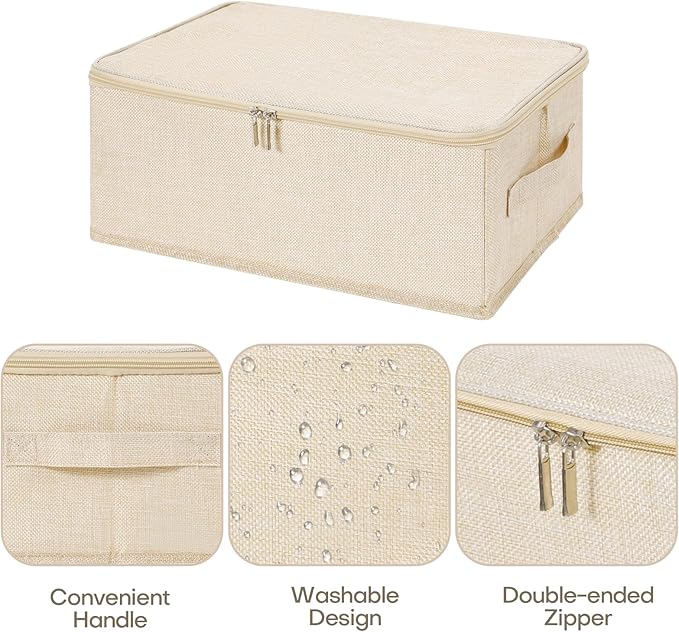 ANMINY 3PCS Storage Bins with Zipper Lids 13 Qt Lidded Fabric Storage Boxes Baskets Cubes with Handles Collapsible Washable Cotton Linen Closet Shelf Clothes Organizer Containers - Beige, Small-NeatNest