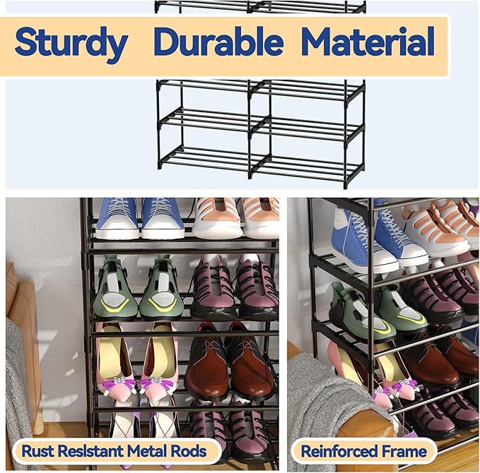 Large Shoe Rack Organizer, 2-Row 8-Tier Tall Shoe Storage Shelf for Closet, Entryway, Garage, Metal Free Standing Shoe Holder for 28-32 Pairs Shoes, Sturdy Stackable Shoe Stand for Bedroom-NeatNest