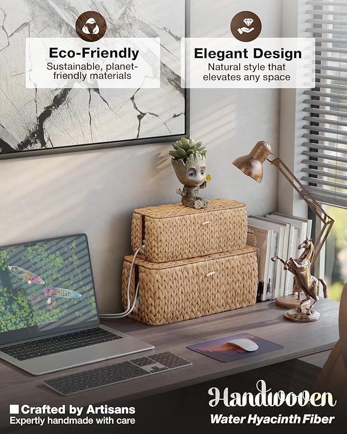 BLUEWEST Set of 2 Cable Management Box, Water Hyacinth Organizer Box, Durable Rattan Cable Organizer with Dual Open Slots for Desk, TV, and Office Cords, Hides Power Strips, USB Hubs, and Wires