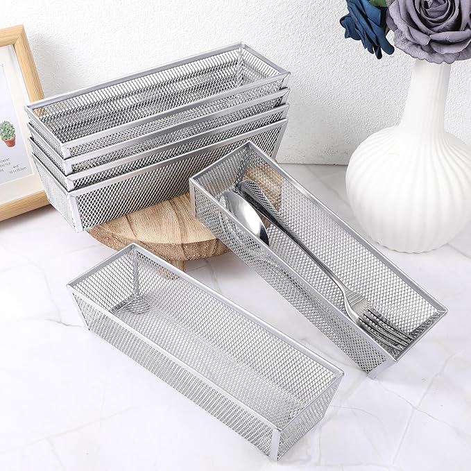 6 Pack Silverware Organizer, Mesh Small Utensil Drawer Organizer Silverware Holder for Kitchen Drawer, Metal Narrow Cutlery Drawer Organizer for Flatware, Knives, Spoons Storage 3x9x2 Inch-NeatNest