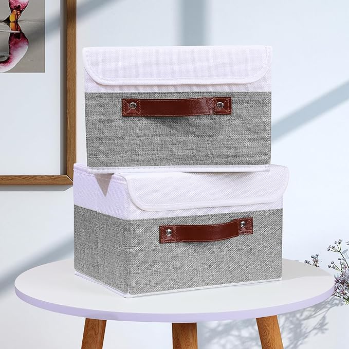 ANMINY 2PCS Storage Boxes with Lid Washable Decorative Storage Bins Basket with PU Leather Handle Foldable Linen Fabric Storage Cubes Containers for Home Closet Organizer - Gray White, Small Size-NeatNest