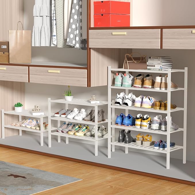 4 Tier Bamboo Shoe Rack for Closet Free Standing Wood Shoe Shelf for Entryway Small Space Stackable 27"x11"x26" (White)-NeatNest