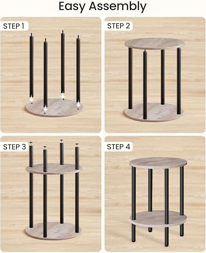 Side Table Set of 2, Round End Table, 2-Tier Small Nightstand with Sturdy Metal Tube, Industrial Coffee Table, for Living Room, Bedroom, Greige and Black TBZ01P2BG