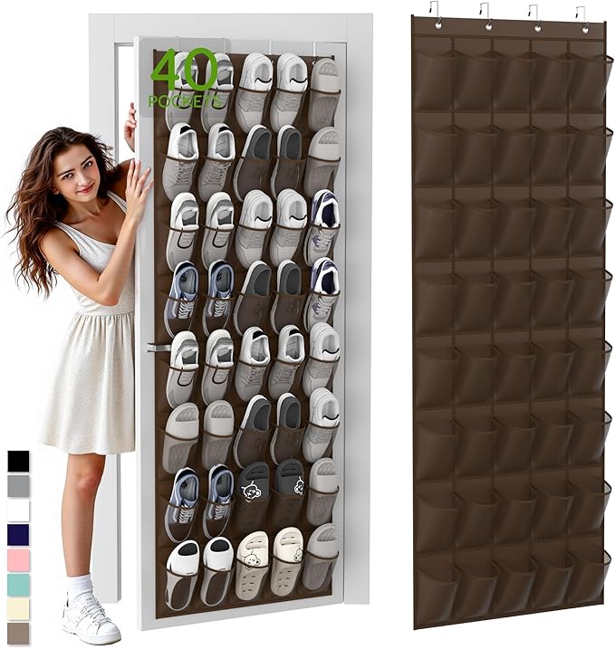 Unjumbly Over the Door Shoe Organizer with 40 Large Breathable Mesh Pockets, Space Saving Shoe Holder, Hanging Shoe Rack for Entryway Bedroom Closet Storage (Brown, 40 Pockets)-NeatNest