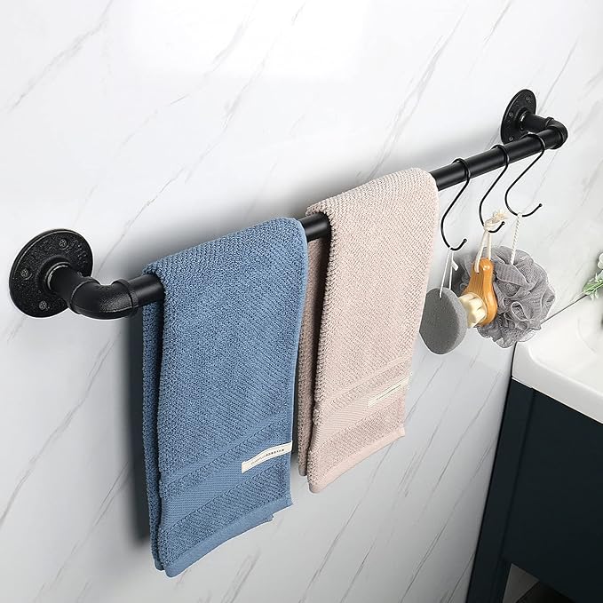 Industrial Pipe Towel Rack Towel Bar, Heavy Duty Wall Mounted Rustic Farmhouse Bath Towel Holder for Bathroom (Black, 31.5 inch)