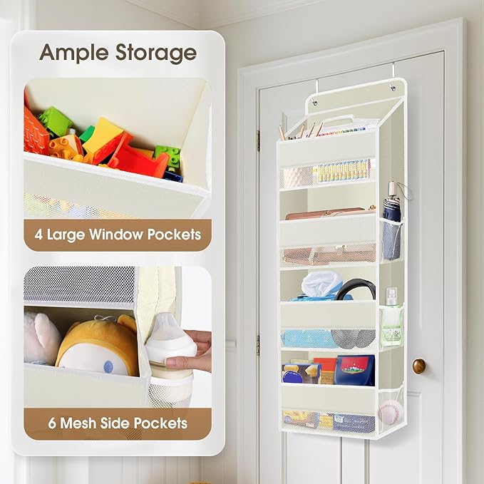 1 Pack Over The Door Organizer, Hanging Storage Organizer with Clear Window, 40lb Ultra Sturdy Large Capacity Room Organizer for Pantry Bathroom Nursery Closet Baby Essential (Beige)-NeatNest