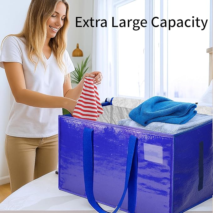 Extra Large Heavy Duty Moving Bags - Waterproof Storage Totes with Reinforced Handles & Zippers, Foldable for College Dorm Essentials, Clothes Storage & Travel (12-Pack Blue)