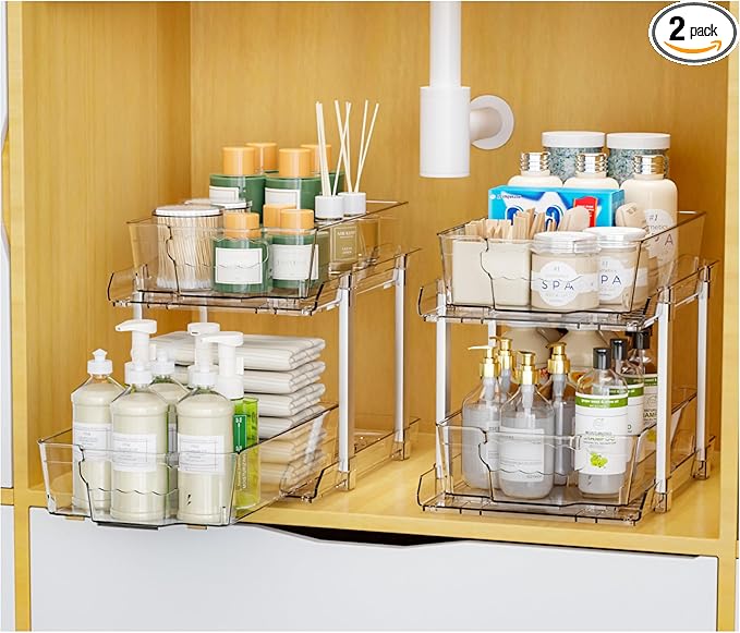 Yieach 2 Pack 2 Tier Under The Sink Organizer With Track,9.8 Inch Tall Bathroom Cabinet Organizer,Clear Under Sink Pull Out organizer for Kitchen,Vanity,Counter,Vanity,Medicine,Makeup,Hair Products-NeatNest