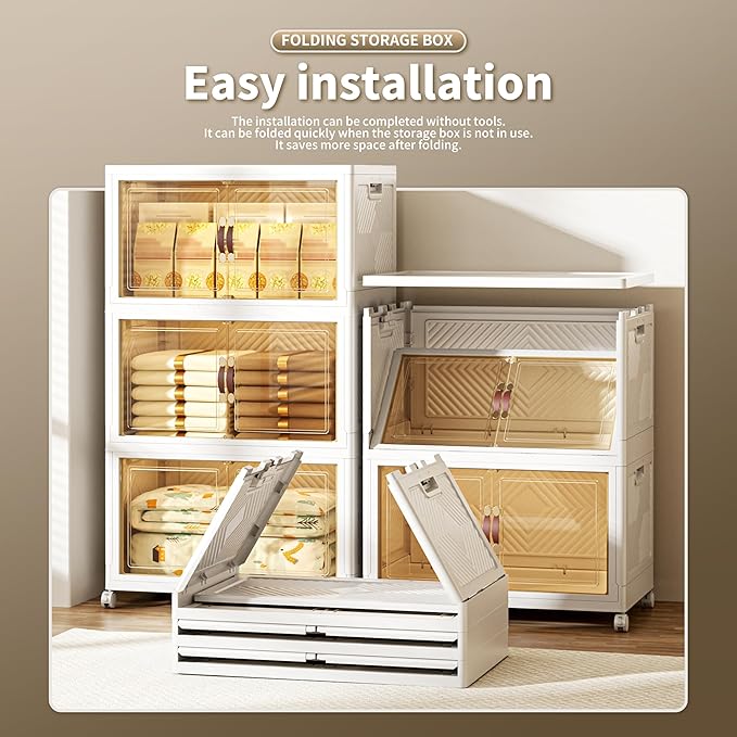 400 QT / 100 Gal Collapsible Storage Bins with Wheels & Magnetic Doors - Stackable Plastic Cabinet Organizer for Home, Garage, Closet (White Space-Saving Containers)-NeatNest
