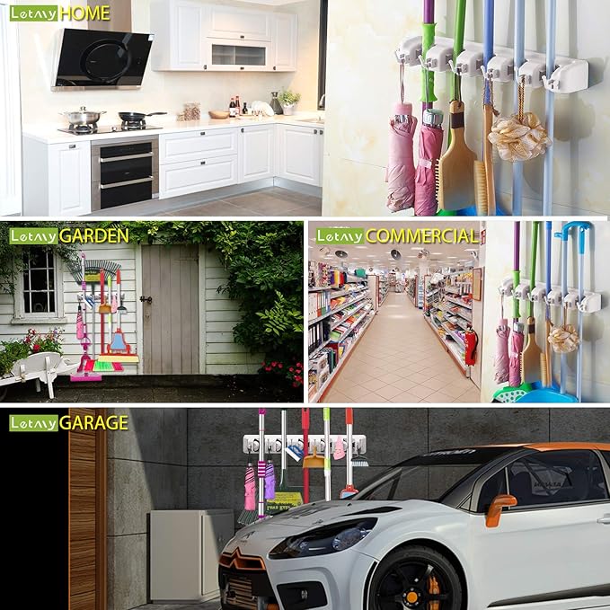 LETMY Broom Holder Wall Mount - Mop and Broom Hanger Holder - Garage Storage Rack & Garden Tool Organizer - 5 Position 6 Hooks Broom Rack for Home, kitchen, Garden, Tools, Garage Organization - White-NeatNest