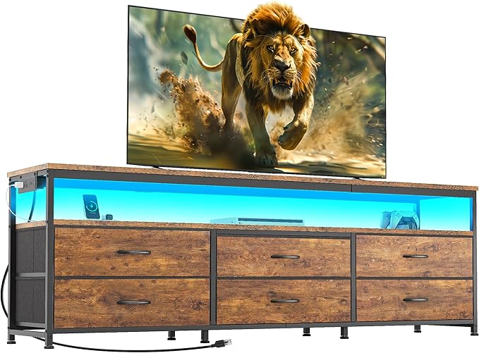 Huuger 63 Inch TV Stand for 55, 65, 70 Inch TV, Long Dresser TV Stand for Bedroom, LED TV Stand with Power Outlets, Rustic Fabric Drawer Dresser with Storage, Entertainment Center for Living Room-NeatNest
