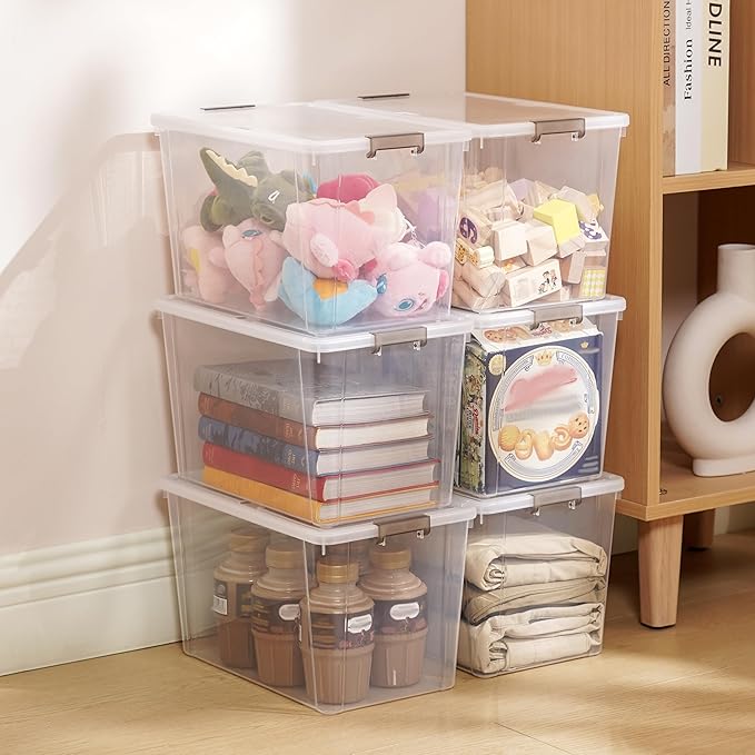 Citylife 7.8 QT 6 Pack Small Storage Bins Plastic Storage Container Stackable Box with Lids for Organizing, Clear White-NeatNest