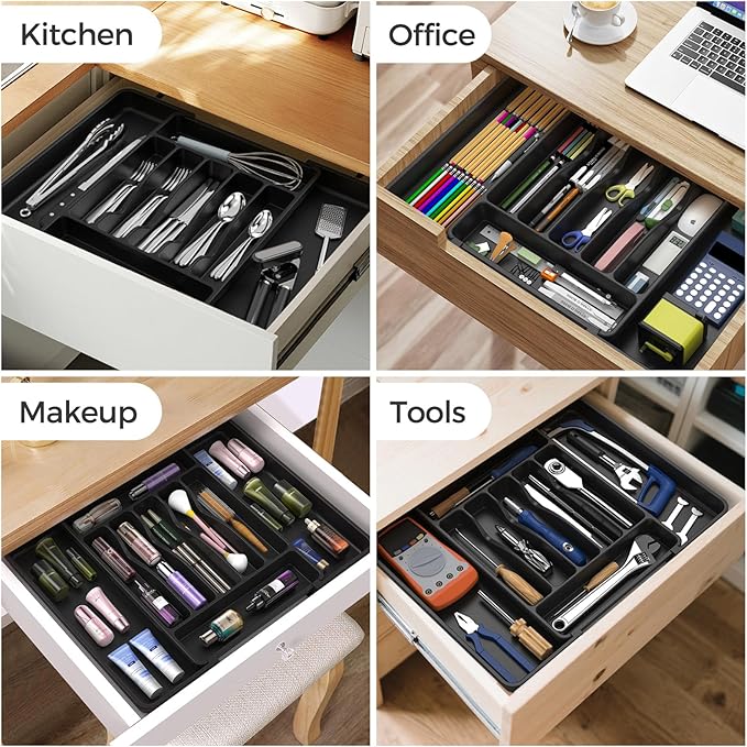 Extra Large Expandable Silverware Organizer, BPA-Free Food-Safe Cutlery Flatware Organizer, Kitchen Utensil Drawer Organizer, Adjustable Silverware Holder for Spoons Forks Knives, Black-NeatNest