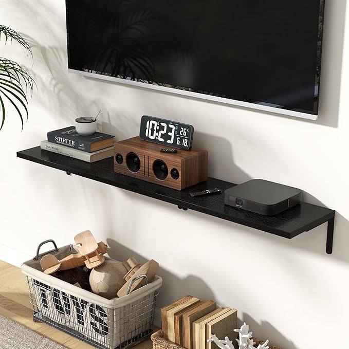 Fun Memories Deep Floating Shelves, 24W x 8D Floating Shelves Set of 2, Wall Mounted Shelf with Metal Brackets, Rustic Wood Wall Shelf for Bathroom, Kitchen and Living Room, Black-NeatNest