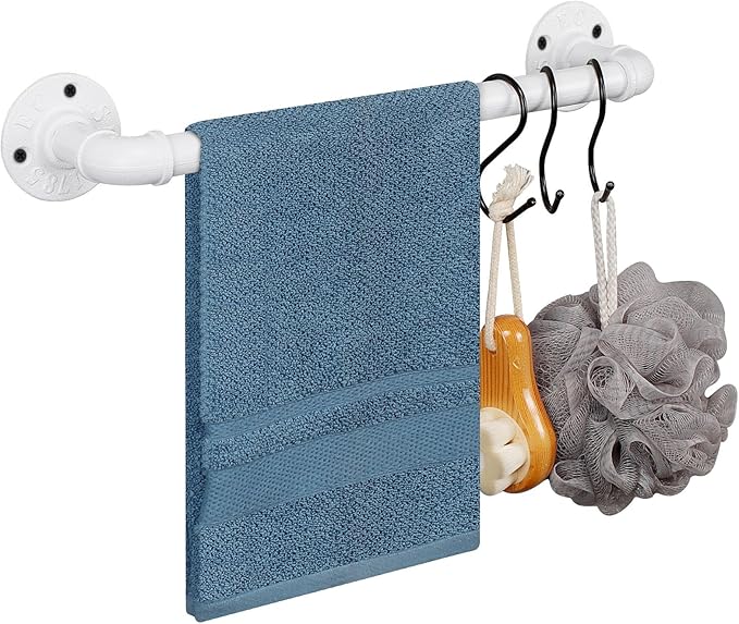 Industrial Pipe Towel Rack Towel Bar, Heavy Duty Wall Mounted Rustic Farmhouse Bath Towel Holder for Bathroom (White, 12 inch)