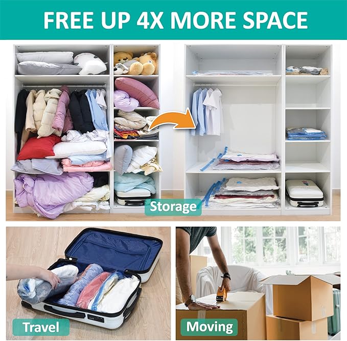 16 Pack Vacuum Storage Bags, Space Saver Bags (2Jumbo/2Large/3Medium/3Small/6Roll) Compression Storage Bags for Comforters and Blankets, Vacuum Sealer Bags for Clothes Storage, Hand Pump Included-NeatNest