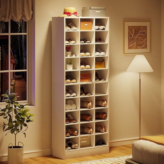 Tribesigns 10-Tier Shoe Storage Cabinet, White Wooden Shoe Rack with 30 Cubbies, Freestanding Tall Entryway Shoe Organizer for Closet, Entryway, Living Room-NeatNest