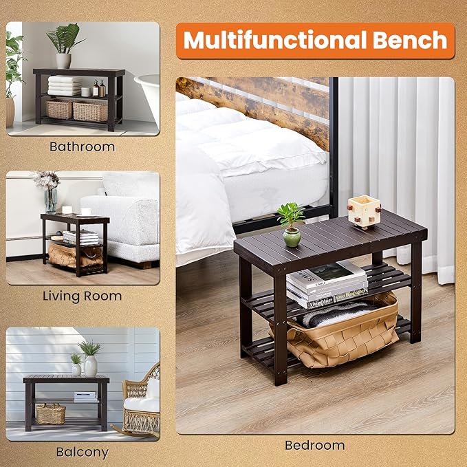Sweetcrispy 3-Tier Shoe Rack Bench, Bamboo Entryway Storage Organizer, Shoes Stand for FrontDoor Entrance, Bedroom, Living Room, 286lb Capacity, 11.3 x 27.6 x 17.8 Inches, Chestnut-NeatNest