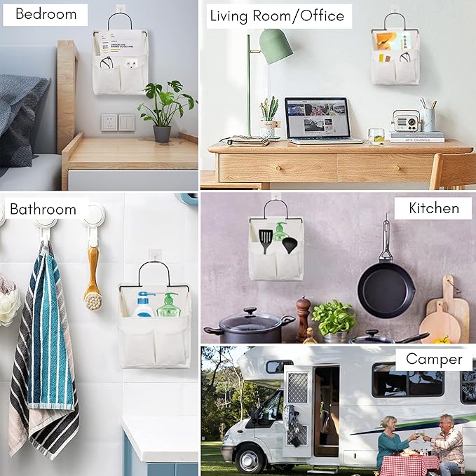 2pcs Small Wall Hanging Organizer Bag, Linen Fabric Door Hanging Storage Basket with Pockets, Waterproof Bin for Kitchen, Bedroom, Office, RV Camper (White)-NeatNest