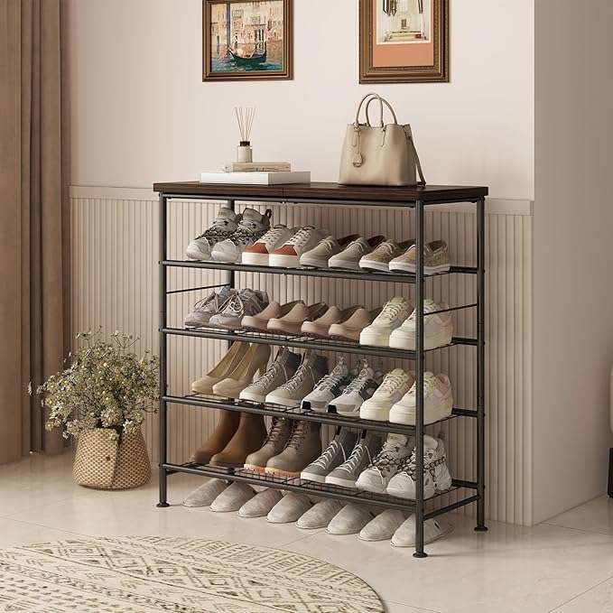 Shoe Rack Organizer 5 Tier for Closet Entryway Free Standing Metal Storage Shoe Shelf with MDF Top Board，Black+Rustic Brown-NeatNest