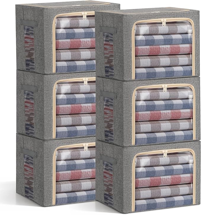 6-Pack Clothes Storage Bags, Foldable Storage Bins with Metal Frame, Clear Window, Reinforced Handles, Durable Non-Woven Fabric for Clothes, Bedding, Blankets, 40L, Gray-NeatNest
