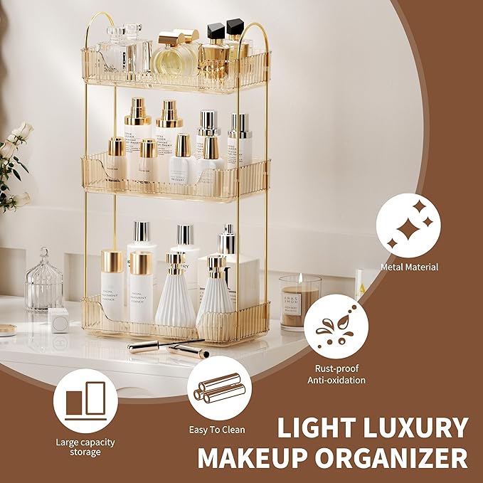Bathroom Organizer Countertop, Vanity Trays for Bathroom, Skincare Makeup Organizer Shelf, Vanity Organizer, Bathroom Counter Shelf for Cosmetics, Toiletries, Lotions, Perfumes (3 Tiers, Amber)-NeatNest