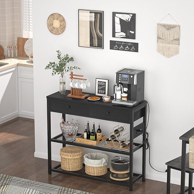 Ecoprsio Entryway Table with Outlets and USB Ports, Console Table with 2 Drawers, Small Sofa Table with Storage Shelves for Living Room, Couch, Hallway, Foyer, Kitchen Counter, 32'', Black-NeatNest