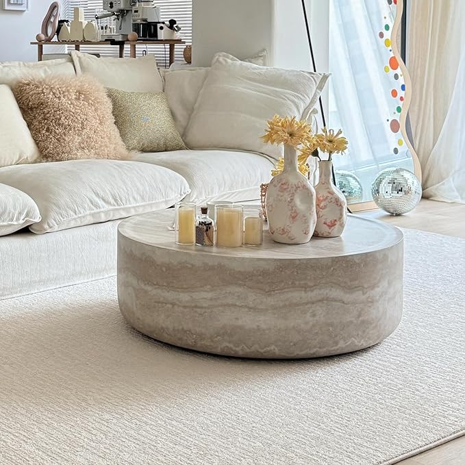 kevinplus ø31.5'' Round Stone Coffee Table for Living Room, Modern Drum Circle Faux Concrete Marble Coffee Table, Fiber Glass Material, No Assembly (Mars Texture, ø31.5'' x 11.8'')