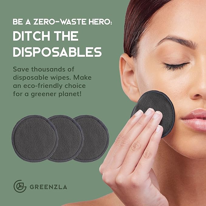 Greenzla Reusable Makeup Remover Pads - 20 Pack Organic Dark Charcoal Bamboo Cotton Pads with Mesh Laundry Bag, Cotton Travel Pouch, & Cotton Rounds Holder, Sustainable Face Wipes for All Skin Types-NeatNest