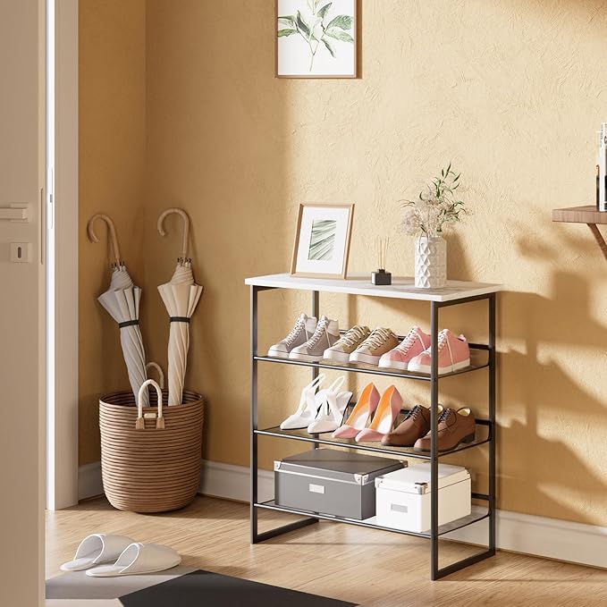 Garden 4 you 4 Tiers White Marble Shoe Rack,Freestanding Organizer Multi-Purpose Adjustable Flat and Slant Storage Rack Shoe Shelf, High Heels Potted Plant for Entryway Hallway Living Room Closet-NeatNest