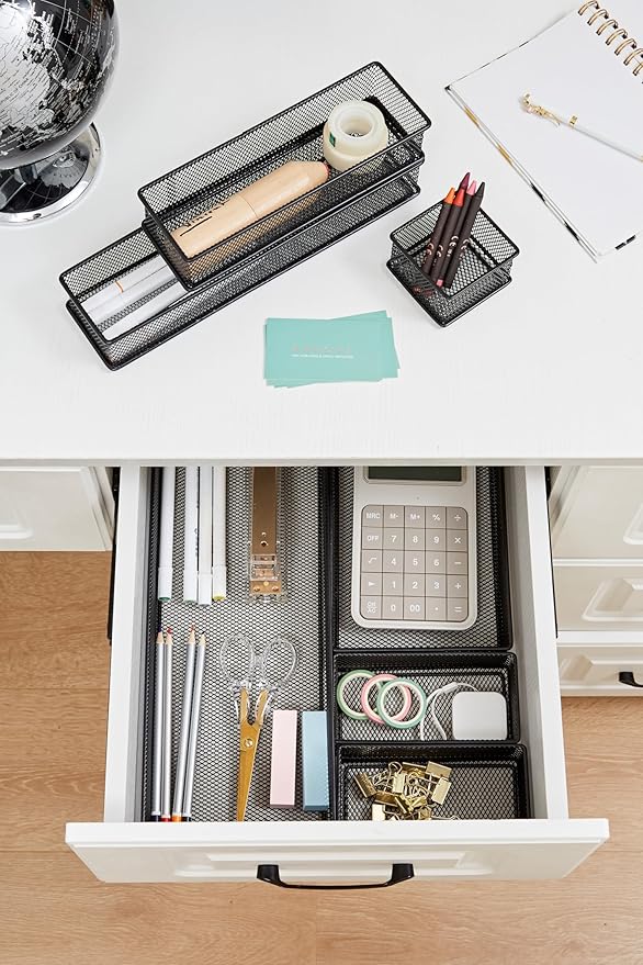 Annova Mesh Drawer Cabinet and Shelf Organizer Bins Storage Basket School Office Supply Holder Tray- Set of 2 (Black, 3x6x2 Inch)-NeatNest