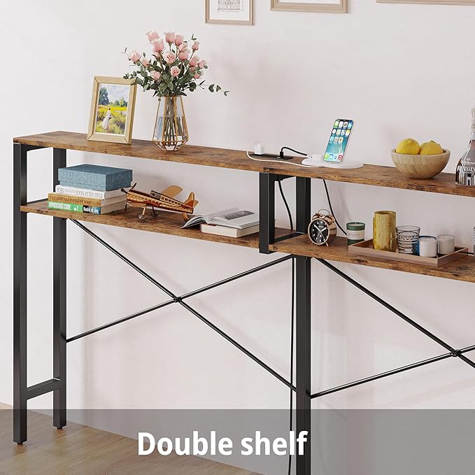 IRONCK Console Table with Power Outlet, Long Sofa Table with Shelves and X-Shaped Design, Narrow Sofa Entryway Behind Couch Table for Living Room and Hallway, Vintage Brown-NeatNest