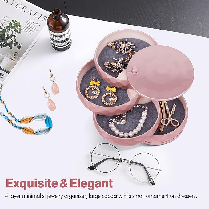 CONBOLA Travel Jewelry Case Box, Small Jewelry Organizer Earring Holder for Women, 5-Layer Rotating Jewelry Storage Tray with Lid for Bracelets Rings Bracelets-NeatNest
