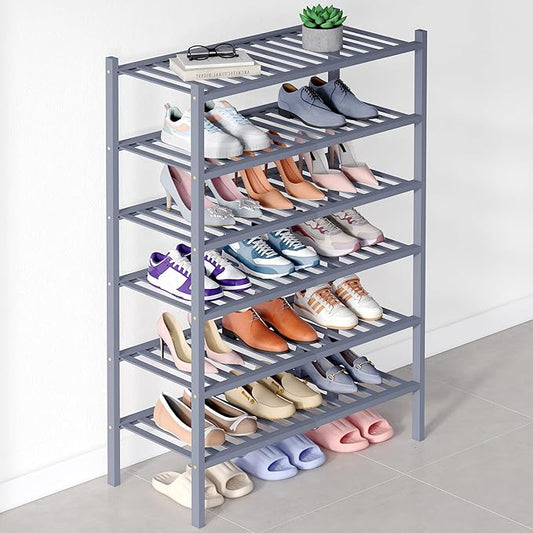 Smiry Bamboo Shoe Rack for Closet, 6 Tier Wooden Stackable Shoe Organizer, Free Standing Shoes Storage Shelf for Entryway, Front Door Entrance, Grey-NeatNest