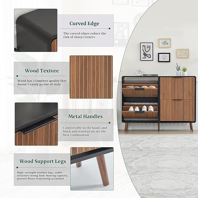 47" Fluted Large Shoe Cabinet with 4 Flip Drawers, Slim Freestanding Shoe Cabinet Organizer, Narrow Shoes Storage Rack for Entryway, 5 Sturdy Legs (Walnut and Black, 9.45" D x 47.24" W x 35.83" H)