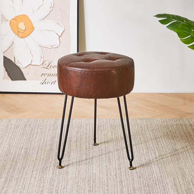 IBUYKE Faux Leather Round Footrest Stool, Makeup Vanity Stool Side Table, PU Dressing Table Seat, Pouf Couch Stool, Golden Steel Legs, Dark Brown LG-31Z