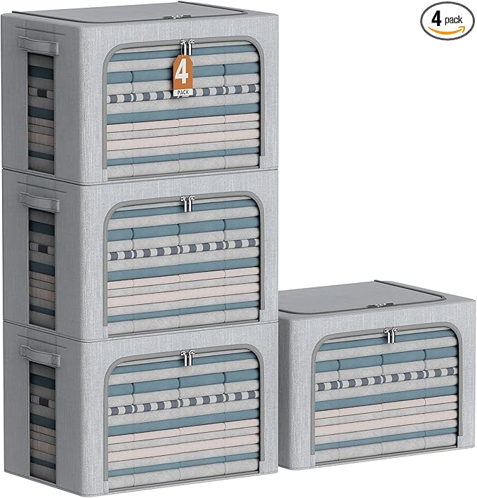 4 Pack Clothes Storage Bins with Metal Frame - Linen Fabric Foldable Stackable Container Organizer Set with Clear Window & Carry Handles & Zippers (Light Grey, 23.6"x16.5"x15.7")-NeatNest