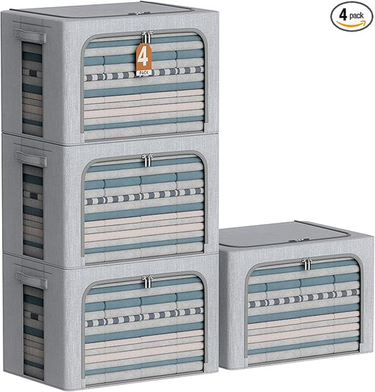 4 Pack Clothes Storage Bins with Metal Frame - Linen Fabric Foldable Stackable Container Organizer Set with Clear Window & Carry Handles & Zippers (Light Grey, 23.6"x16.5"x15.7")-NeatNest