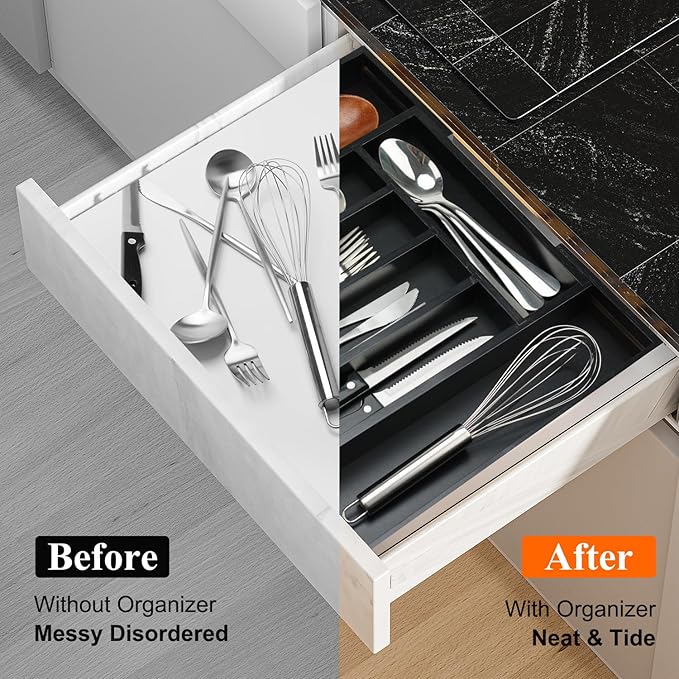 Black Bamboo Kitchen Silverware Organizer Tray Expandable Large Utensil Holder Drawer Divider Organizers Storage Adjustable Cutlery Utensil Tray Spoon Holder Wooden Flatware Organizer for Drawer-NeatNest