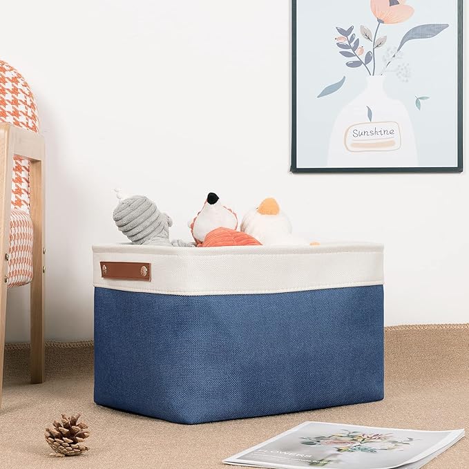 DULLEMELO Fabric Storage Basket for Closets,15x11x9.5 inch Foldable Storage Basket Bin with Handles for Office, Closet,Bedroom (White&Blue,1 Pack)-NeatNest