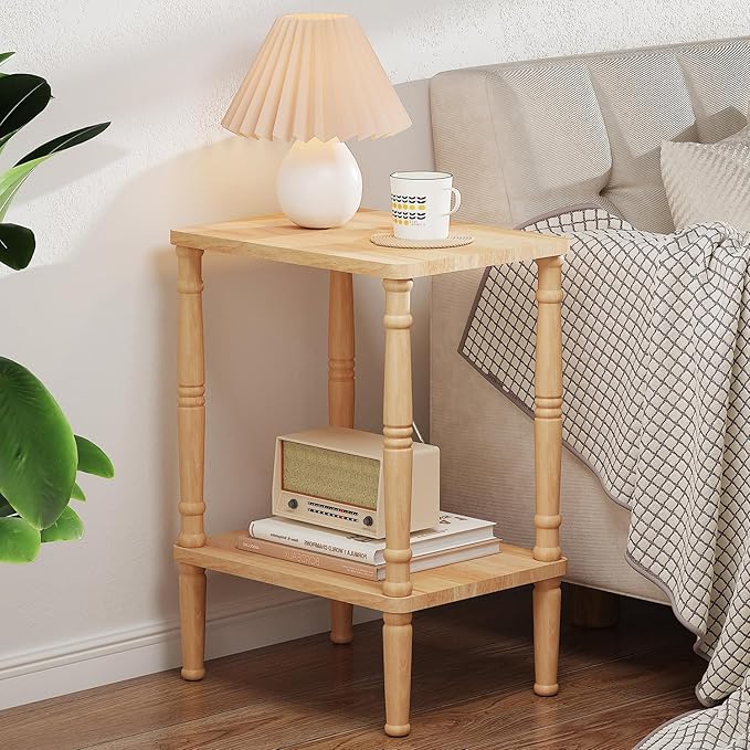 LUCKNOCK Solid Wood Side Table, Small Vintage End Table, Narrow Couch Side Table with Storage, Skinny Nightstand Bedside Table for Small Spaces, Bedroom, Living Room, Farmhouse, No-Tool Assembly.