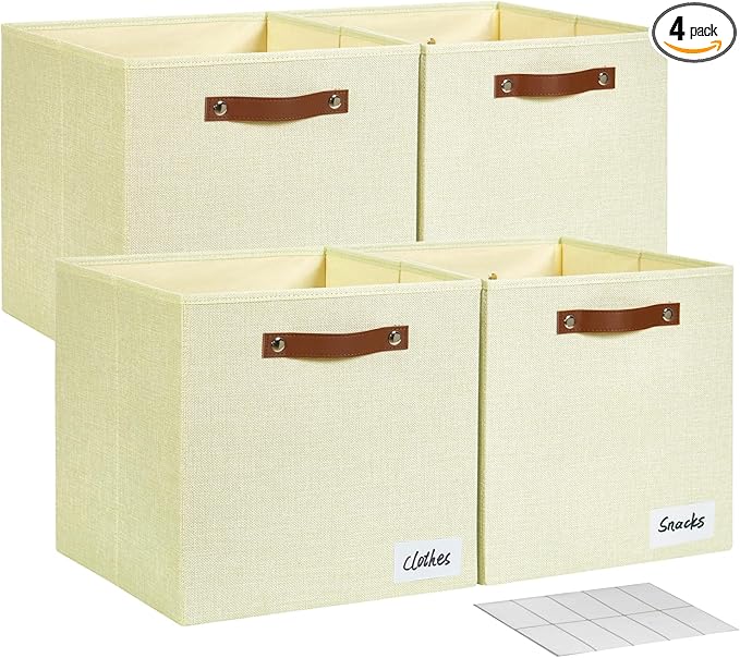 Collapsible Fabric Storage Cube Bins with 2 Reinforced PU Handles, Foldable Storage Organizer Baskets for Closet, Shelves, Living Room | 13"x13"x13", 4 Pack, Full Beige-NeatNest
